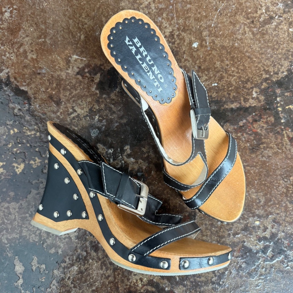 Y2K Studded Platform Wedge Sandals Wooden Wedge Leather Bruno Valenti Clogs 7